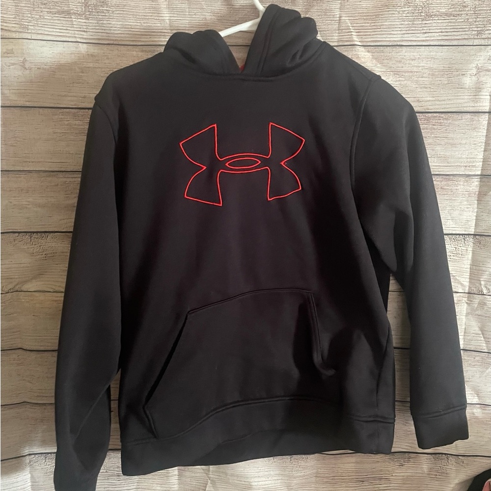 Youth Boy Under Armour hoodie. Size large. Good condition. Black and red.